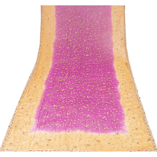 Sanskriti Vintage Purple-Yellow Pure Georgette Dupatta Hand Embroidered Zardozi
