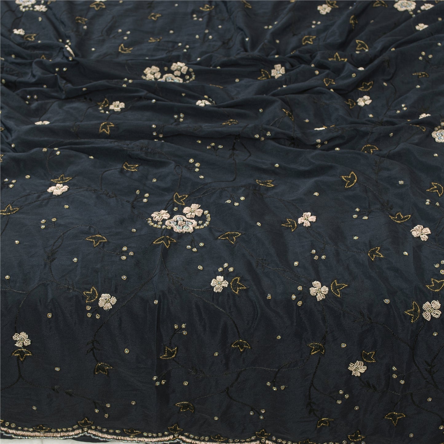 Sanskriti Vintage Long Dupatta Black Pure Crepe Hand Beaded Zari Zardozi Stole