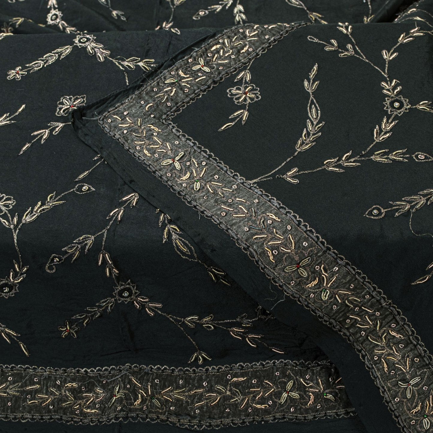 Sanskriti Vintage Black Pure Silk Dupatta/Stole Peacock Hand Embroidery Zardozi