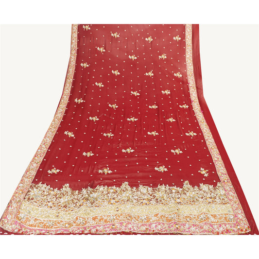 Sanskriti Vintage Dupatta/Stole Pure Georgette Red Hand Beaded Zardozi Scarves