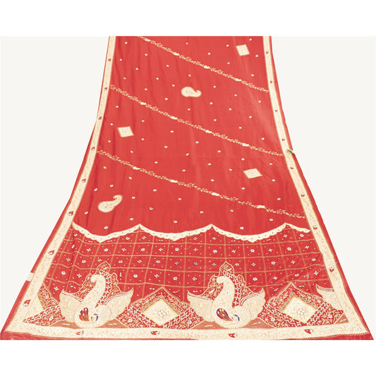 Sanskriti Vintage Long Dupatta/Stole Pure Silk Red Hand Beaded Zardozi Patch Vei