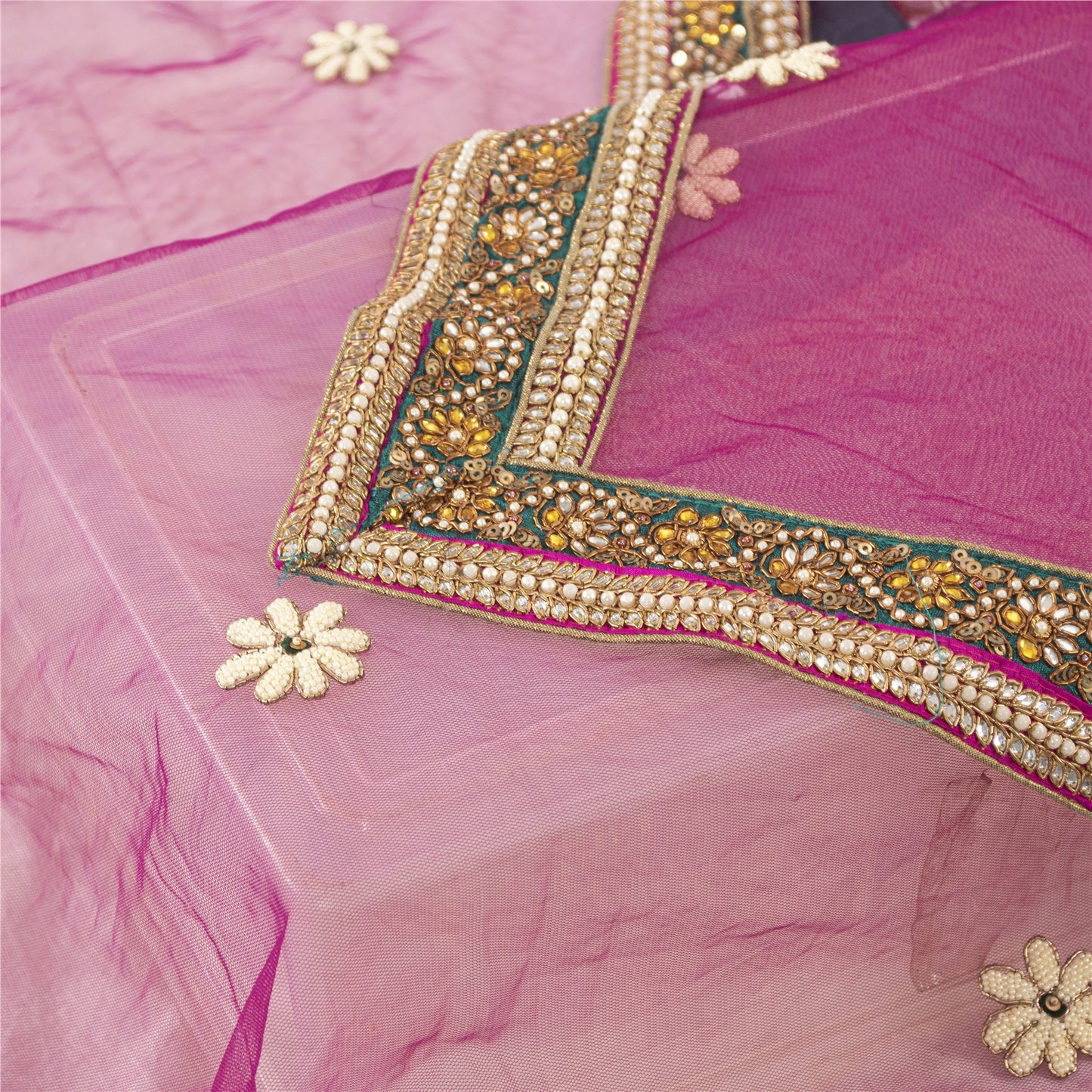 Sanskriti Vintage Dupatta/Stole Net Mesh Magenta Hand Bead Zardozi Scarves Veil