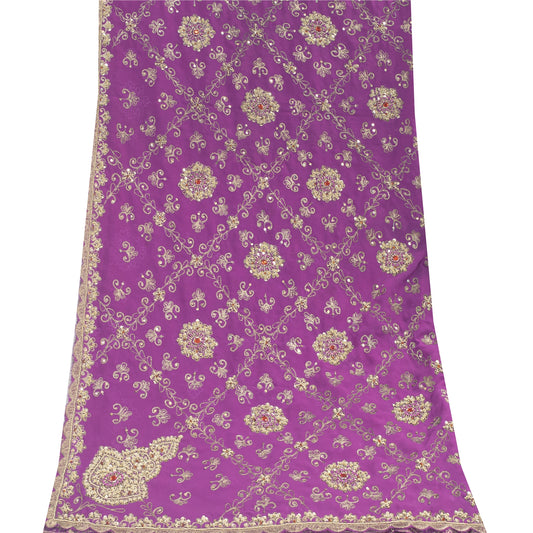 Sanskriti Vintage Dupatta Georgette Purple Hand Beads Zardozi Wedding Scarf Veil