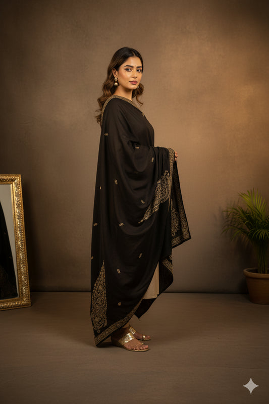 Sanskriti Vintage Black Pure Silk Dupatta Long Stole Hand Beaded Zardozi Scarves