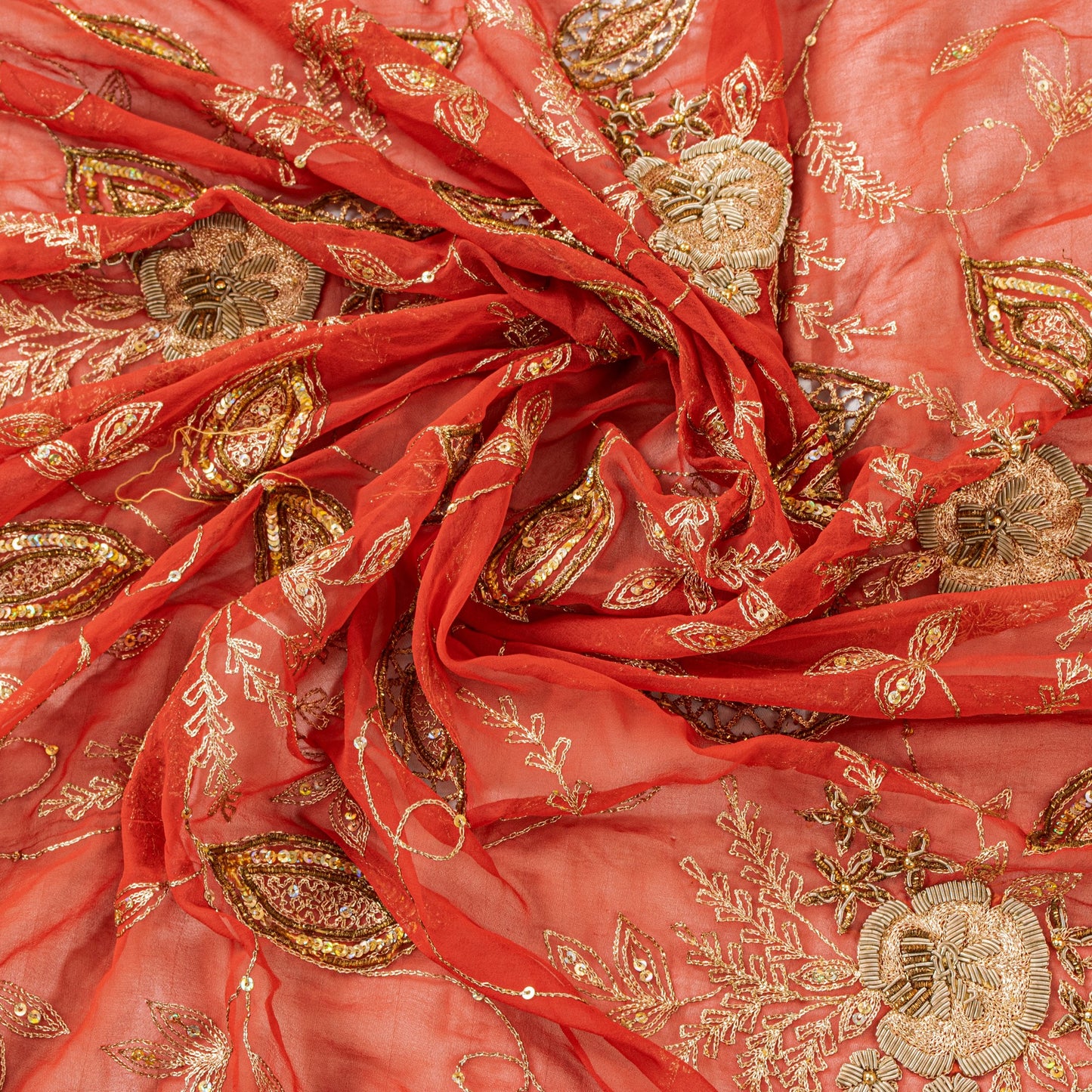 Sanskriti Vintage Red Georgette Dupatta Hand Beaded Zari Zardozi Neck Stole Veil