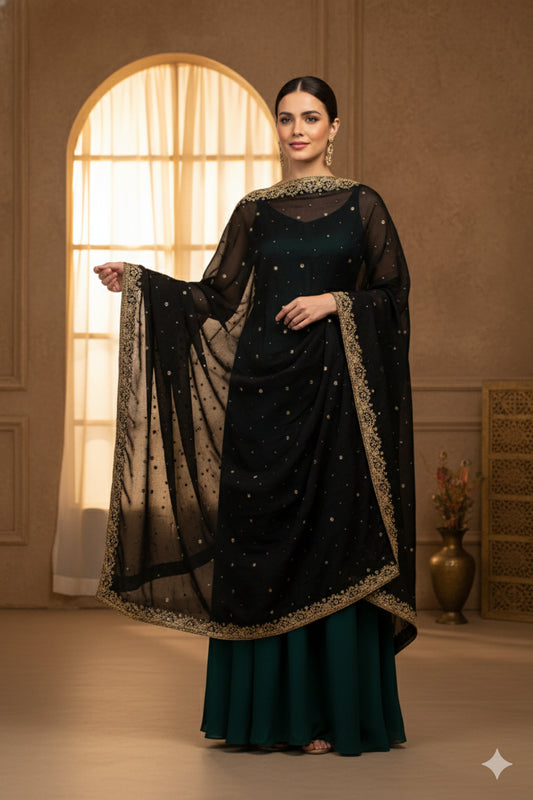 Sanskriti Vintage Black Pure Chiffon Silk Dupatta Long Stole Hand Beaded Zari