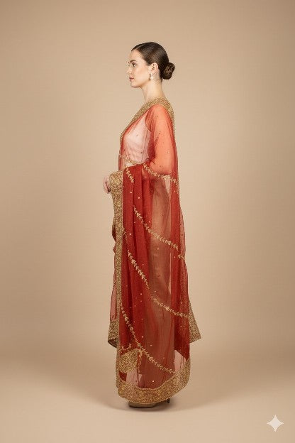 Sanskriti Vintage Red Organza Silk Dupatta Long Stole Hand Beaded Zardozi Scarves