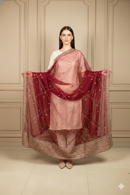 Sanskriti Vintage Red Organza Silk Dupatta Long Stole Hand Beaded Zardozi Scarves