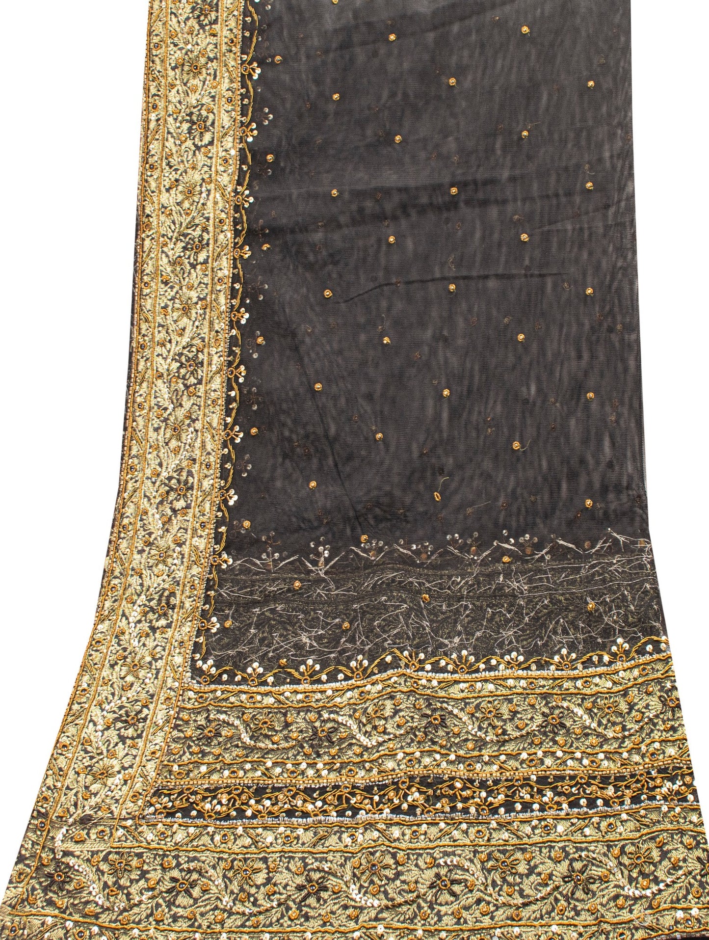 Sanskriti Vintage Black Net Dupatta Long Stole Hand Beaded Dabka Head Scarves