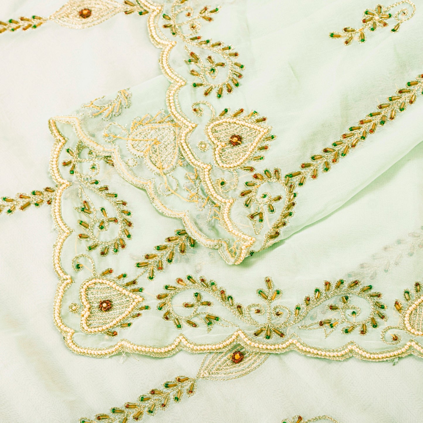 Sanskriti Vintage Green Georgette Dupatta Long Stole Hand Beaded Zari Neck Scarf