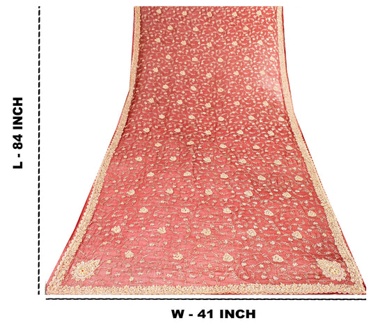 Sanskriti Vintage Dupatta Stole Red Pure Chiffon Net Hand Beaded Neck/Head Veil