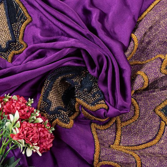 Sanskriti Vintage PurplePure Silk Dupatta Long Stole Hand Beaded Patch Work Veil