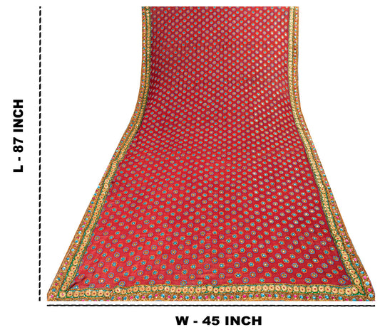 Sanskriti Vintage Red Pure Georgette Dupatta Long Stole Hand Beaded Zardozi Veil