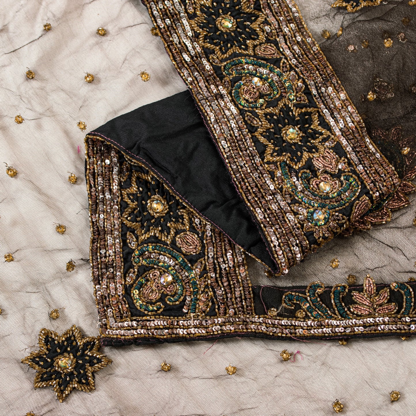 Sanskriti Vintage Black Net Dupatta Long Stole Hand Beaded Dabka Party Scarves