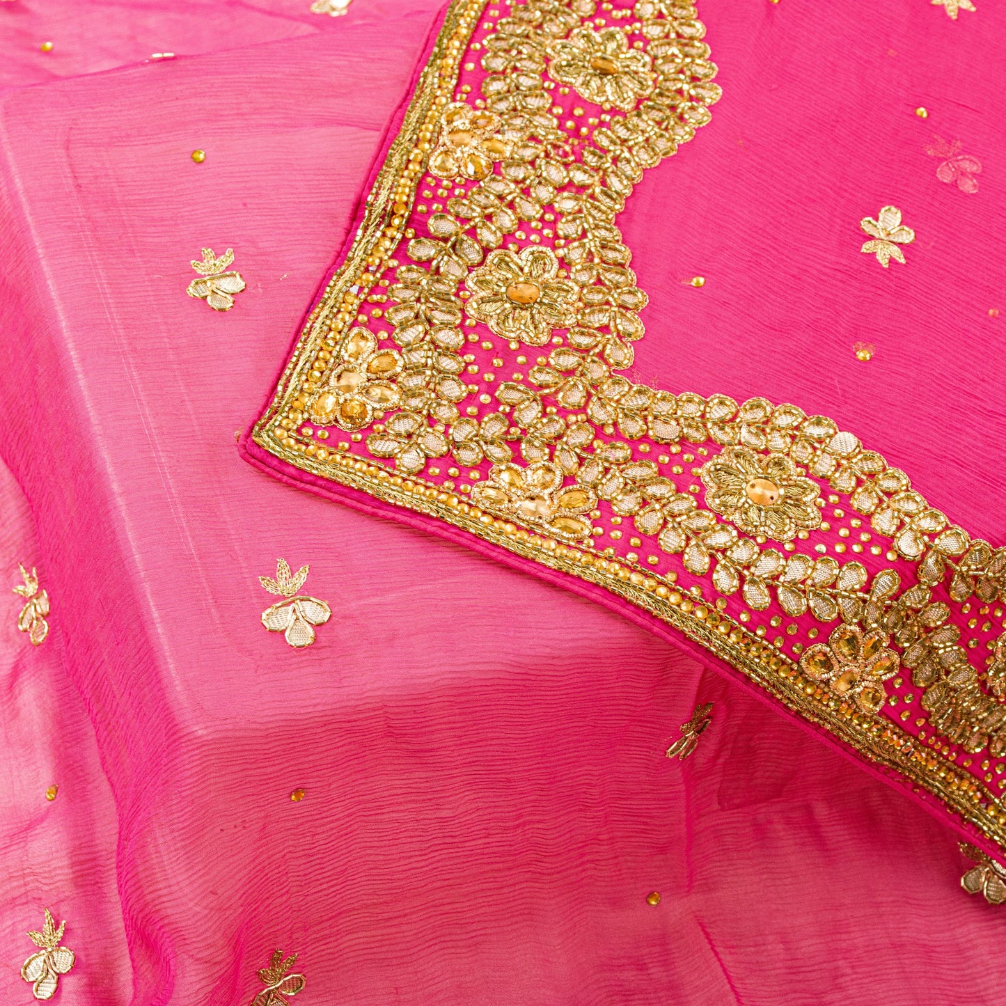Sanskriti Vintage Pink Pure Chiffon Dupatta Long Stole Hand Beaded Zardozi Scarf