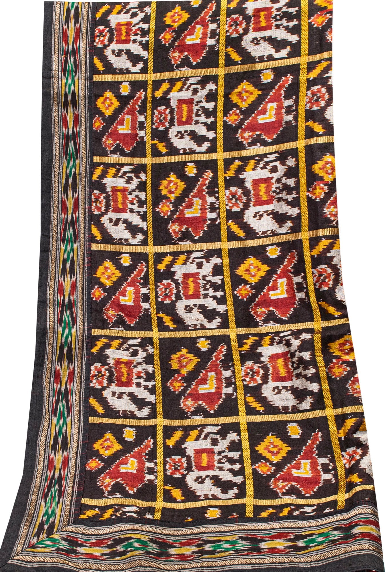 Sanskriti Vintage Black Pure Silk Dupatta Stole Patan patola Double Ikat Handwoven Cultural Veil Geometric Pattern From Gujrat of India