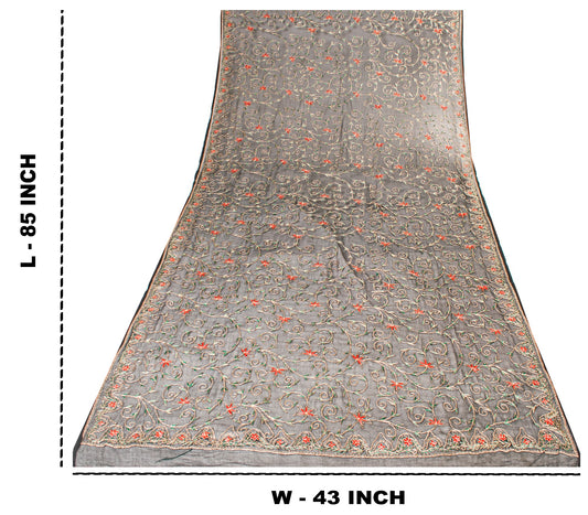 Sanskriti Vintage Black Pure Chiffon Silk Dupatta Long Stole Embroidered Scarves