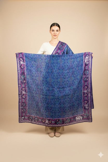 Sanskriti Vintage Blue Pure Silk Dupatta Long Stole Patan Patola Ikat Hand Woven