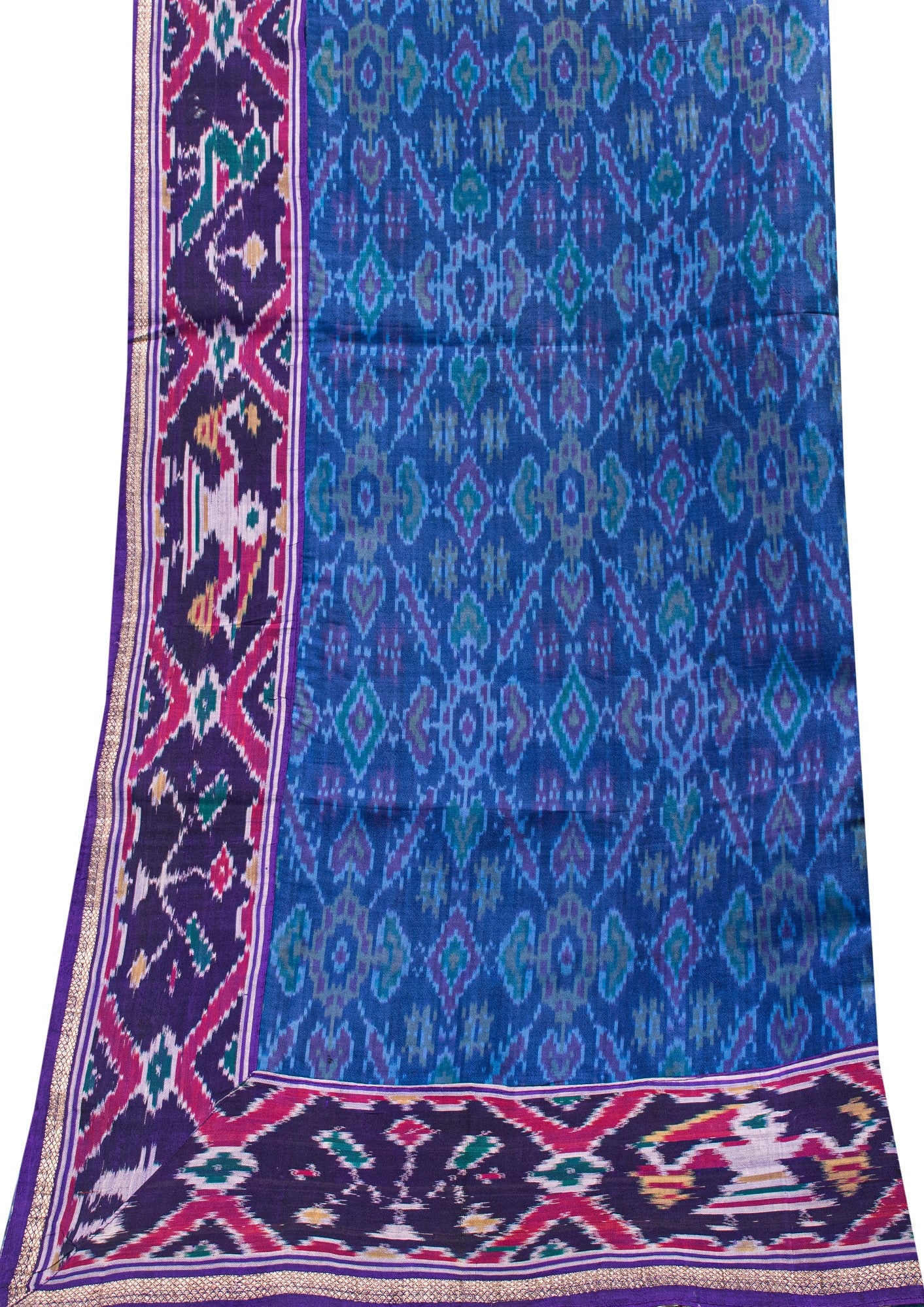 Sanskriti Vintage Blue Pure Silk Dupatta Long Stole Patan Patola Ikat Hand Woven