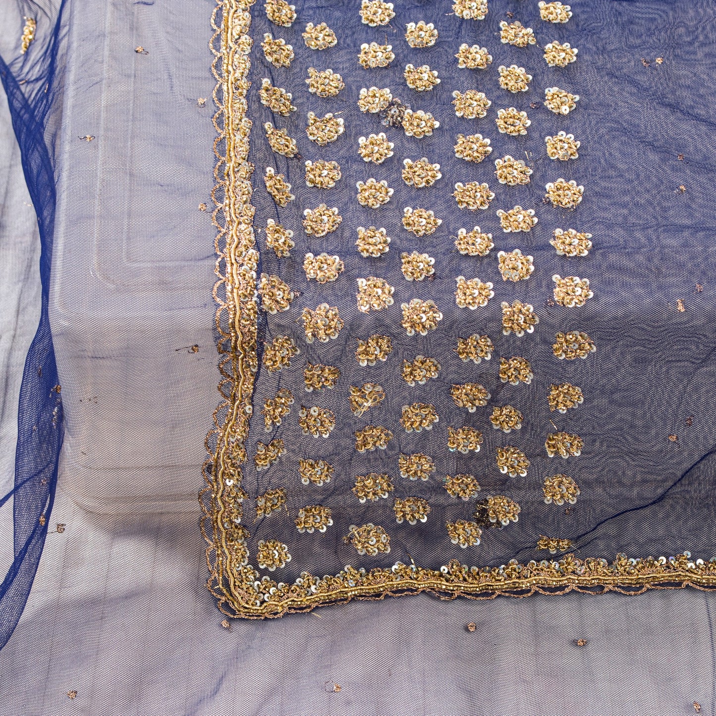 Sanskriti Vintage Blue Net Mesh Dupatta Long Stole Hand Bead Zari Zardozi Scarf