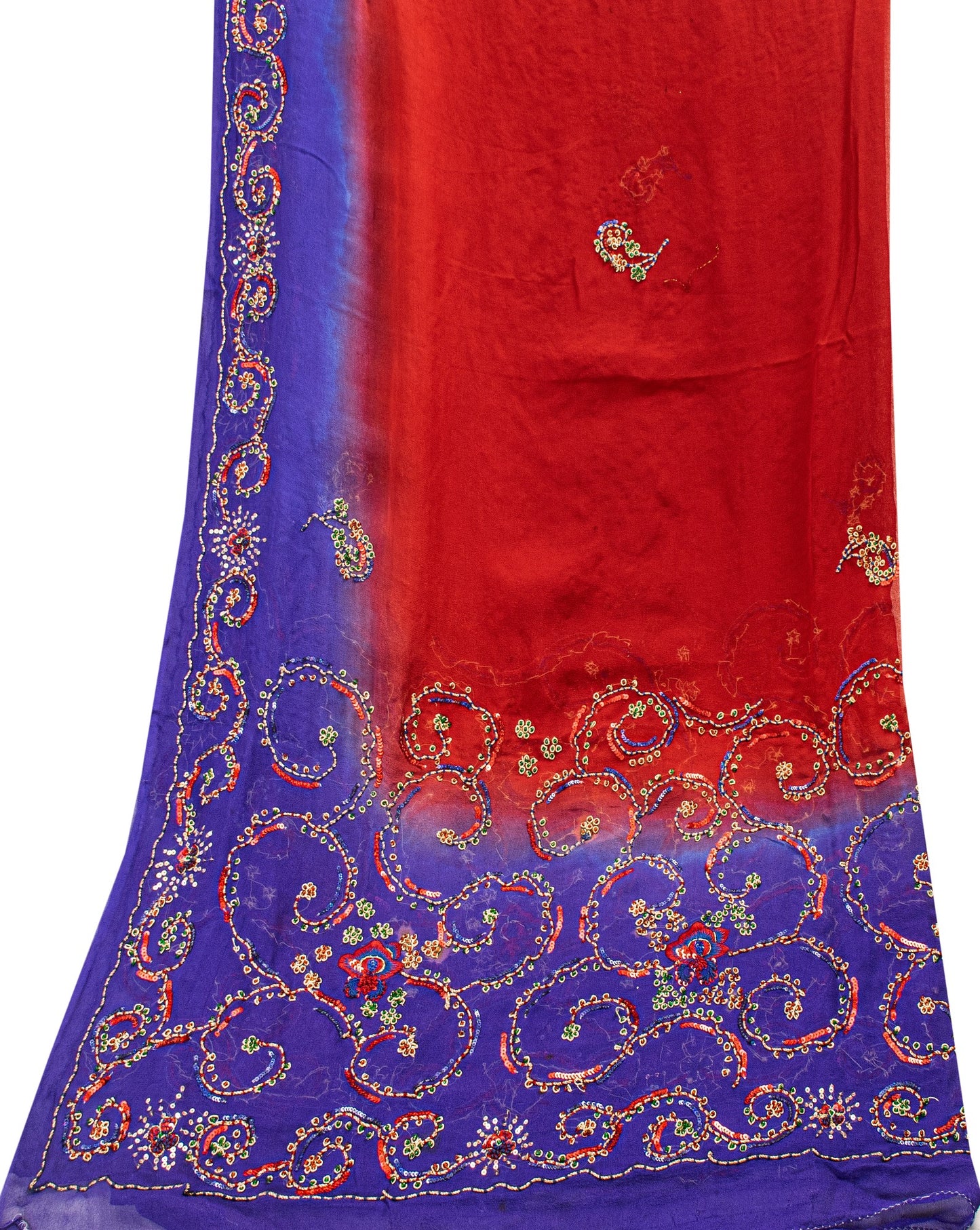 Sanskriti Vintage Red-Purple Pure Georgette Dupatta Stole Hand Glass Bead Dabka