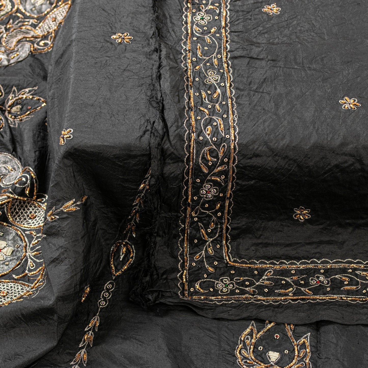 Sanskriti Vintage Black Pure Silk Dupatta Long Stole Hand Embroidered Zardozi Sequins Uses-Table linen, Cushions, Curtains, Dressing