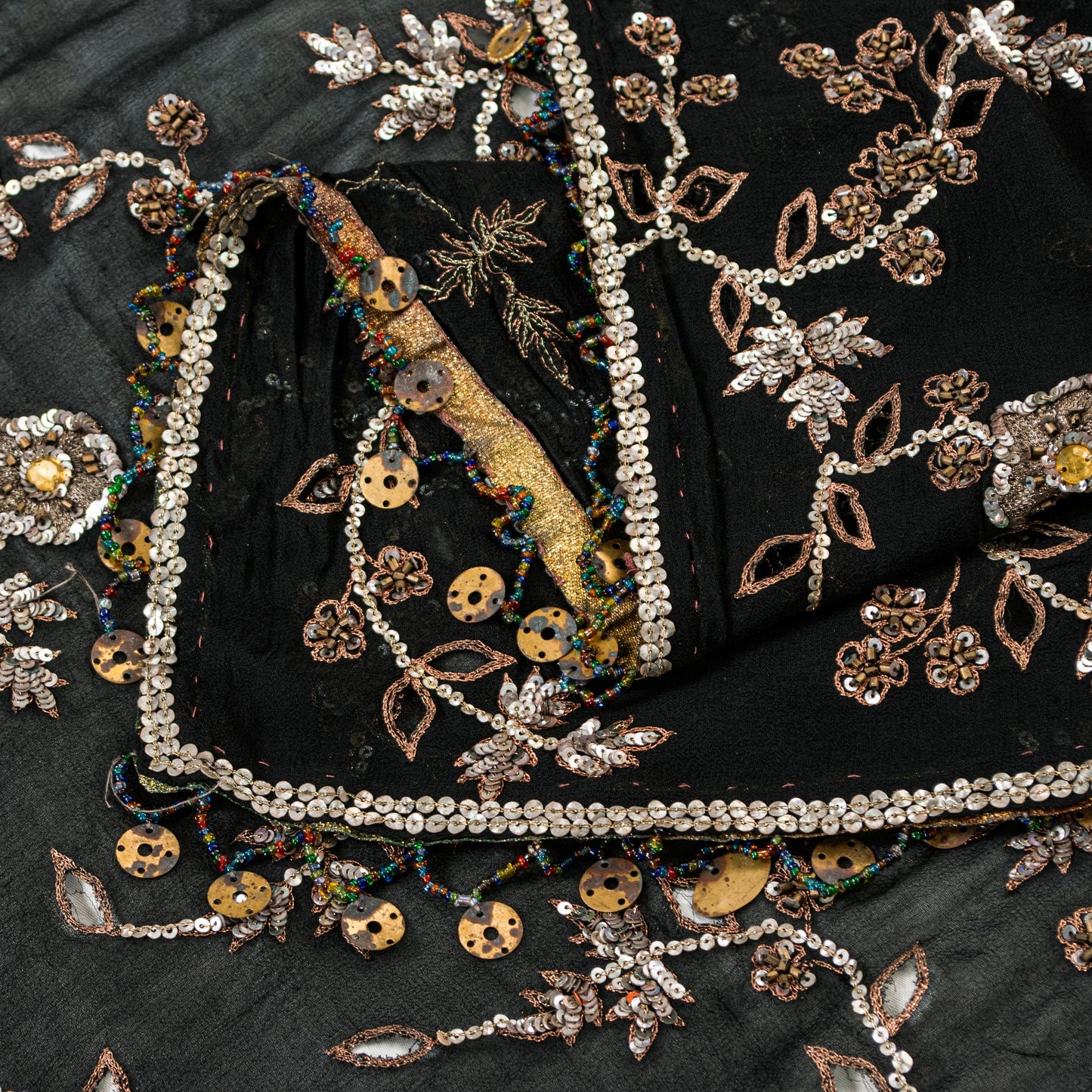 Sanskriti Vintage Black Pure Georgette Silk Dupatta Long Stole Hand Beaded Scarf