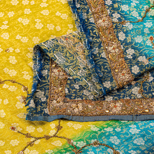 Sanskriti Vintage Yellow-Blue Georgette Dupatta Stole Woven & Hand Beaded Dabka