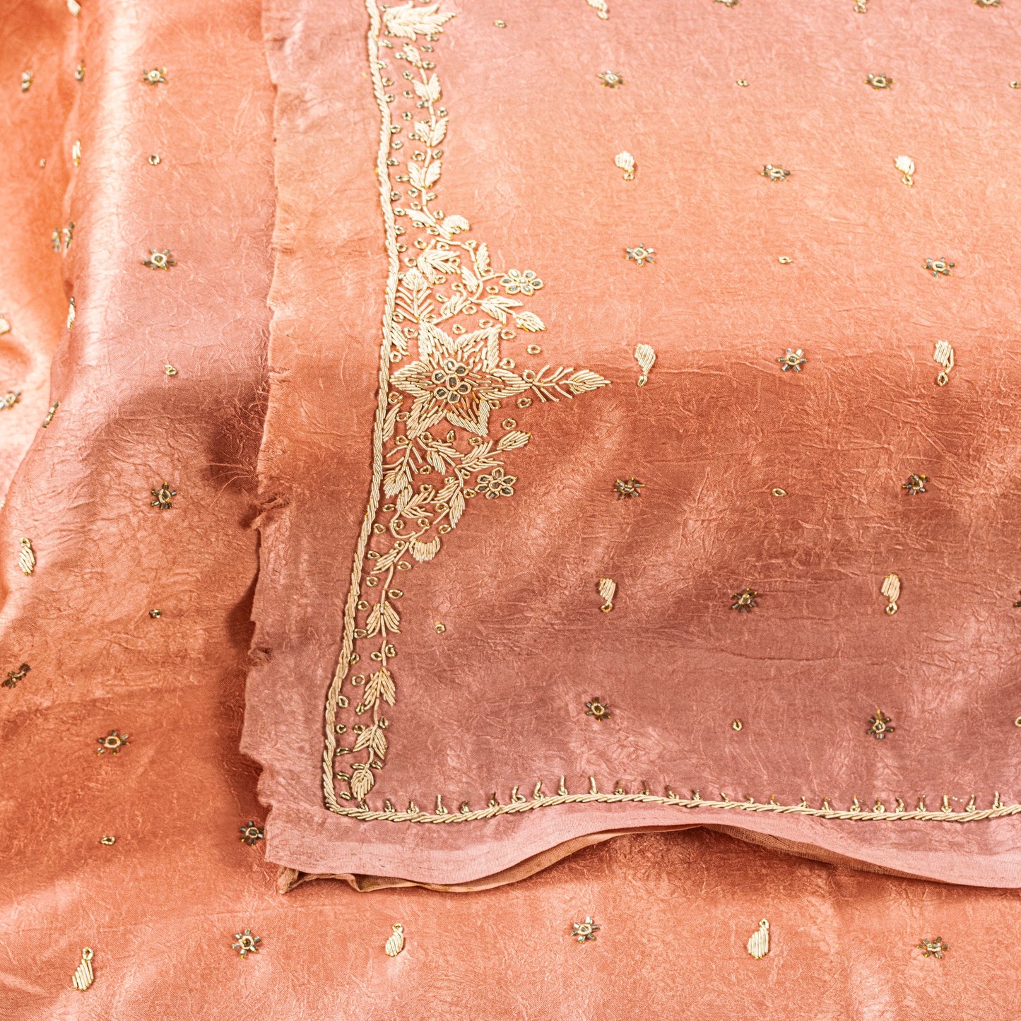 Sanskriti Vintage Peach Art Silk Dupatta Long Stole Hand Beaded Zardozi Scarves