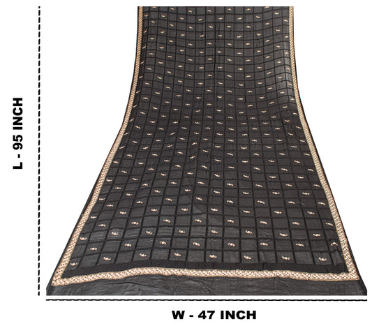 Sanskriti Vintage Black Pure Silk Dupatta Long Stole Hand Embroidered Zardozi