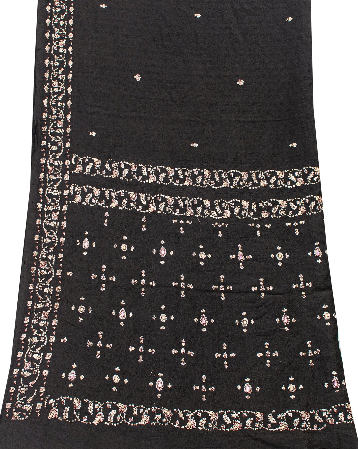 Sanskriti Vintage Black Pure Silk Dupatta Long Stole Hand Beaded Zardozi Scarves