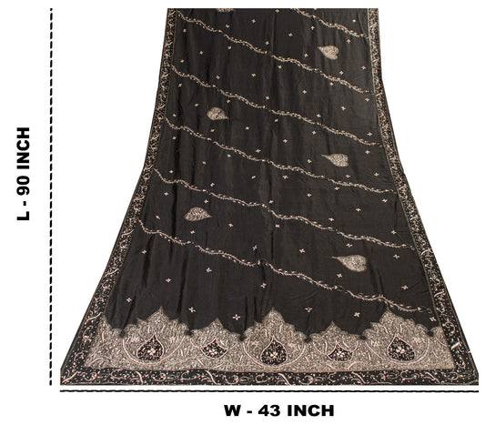 Sanskriti Vintage Black Pure Silk Dupatta Long Stole Hand Embroidered Zardozi