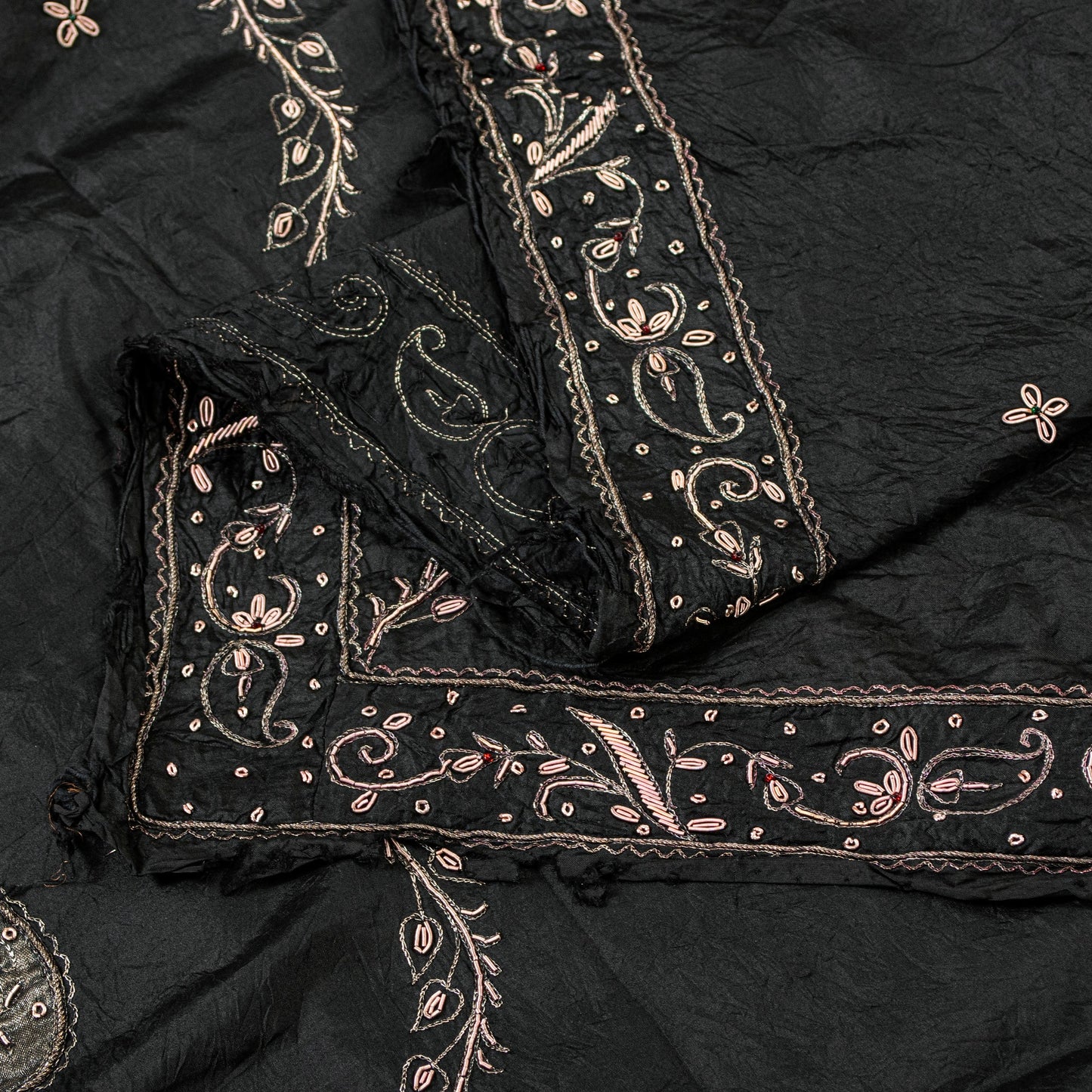 Sanskriti Vintage Black Pure Silk Dupatta Long Stole Hand Embroidered Zardozi