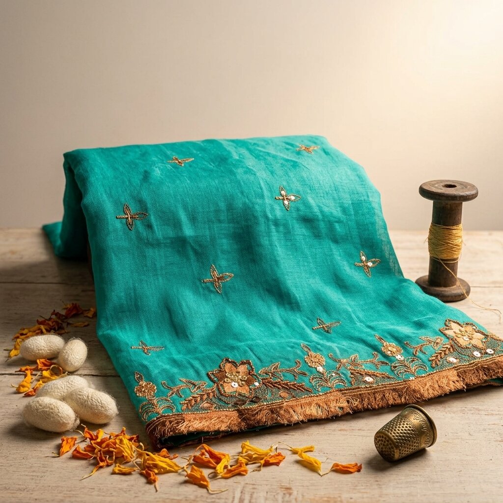 Sanskriti Vintage Blue Pure Silk Dupatta/Stole Hand Beaded Indian Wedding Veil