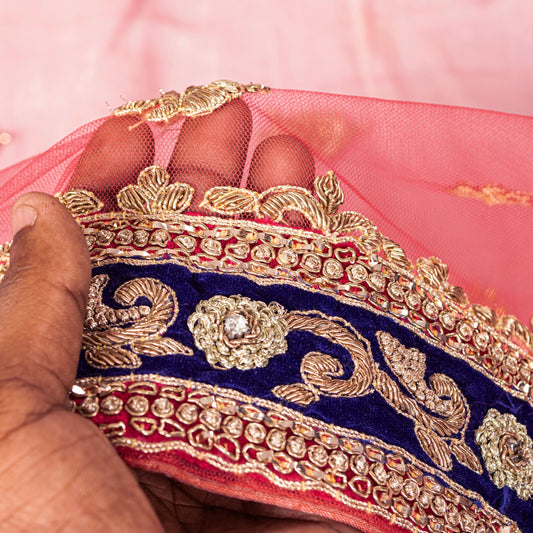 Sanskriti Vintage Pink Net Dupatta Stole Hand Embroidered Zardozi Bridal Scarf