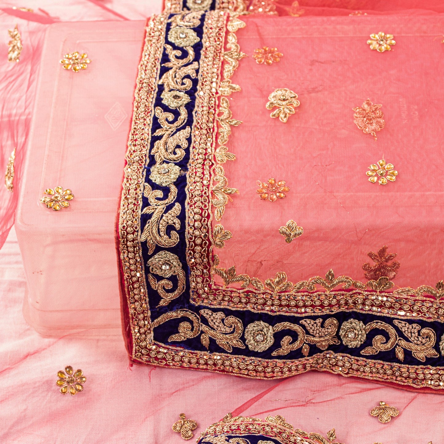 Sanskriti Vintage Pink Net Dupatta Stole Hand Embroidered Zardozi Bridal Scarf