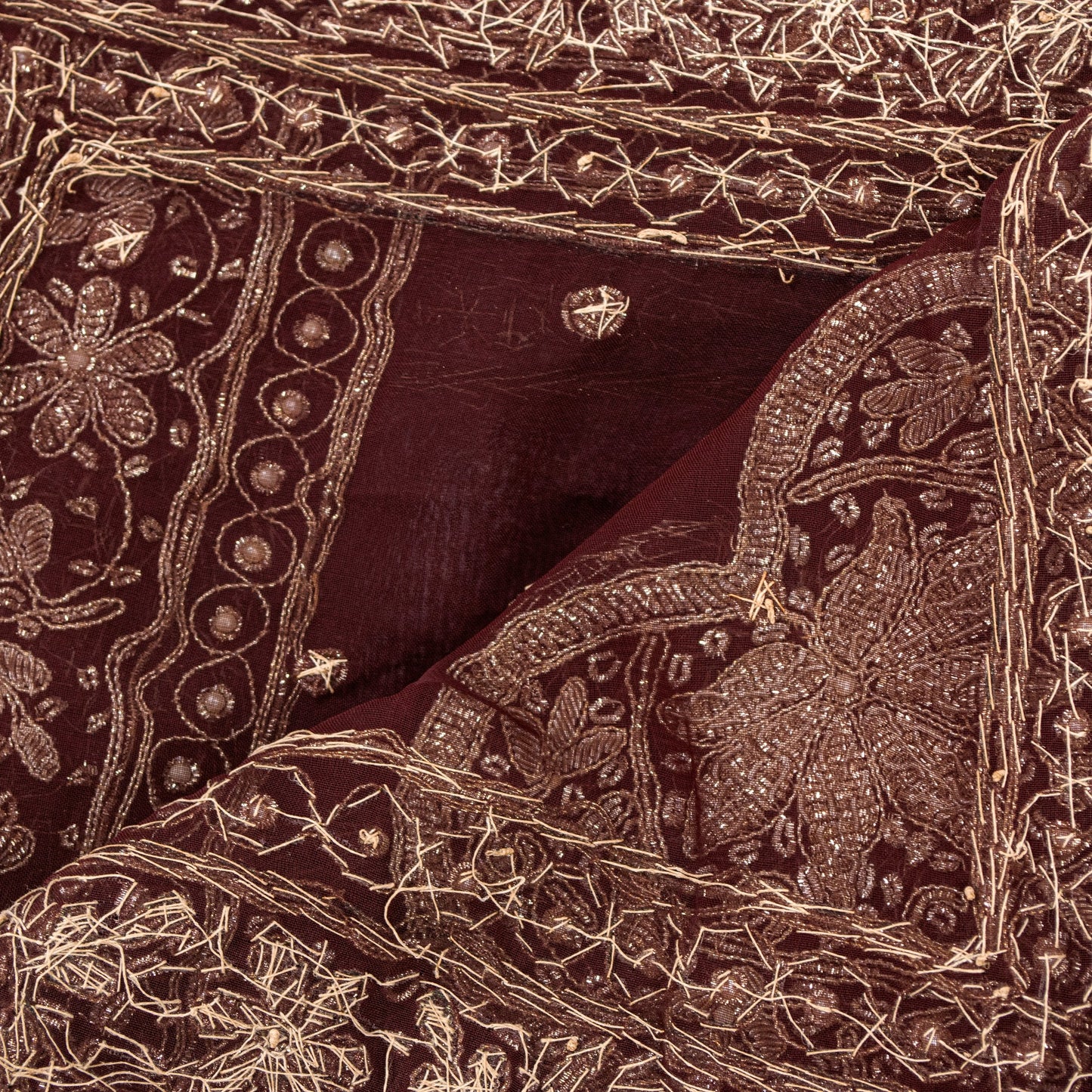 Sanskriti Vintage Brown Georgette Dupatta/Stole Hand Embroidery Zardozi Dabka