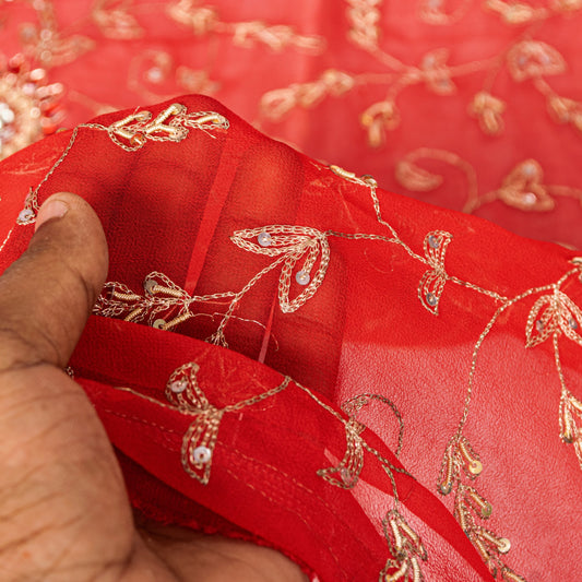 Sanskriti Vintage Red Georgette Dupatta/Stole Hand Embroidered Dabka Zari Veil