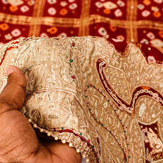 Sanskriti Vintage Dark Red Pure Cotton Dupatta/Stole Bandhani Gharchola Zardozi