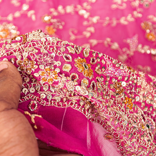 Sanskriti Vintage Pink Pure Georgette Dupatta/Stole Hand Embroidery Zardozi Veil