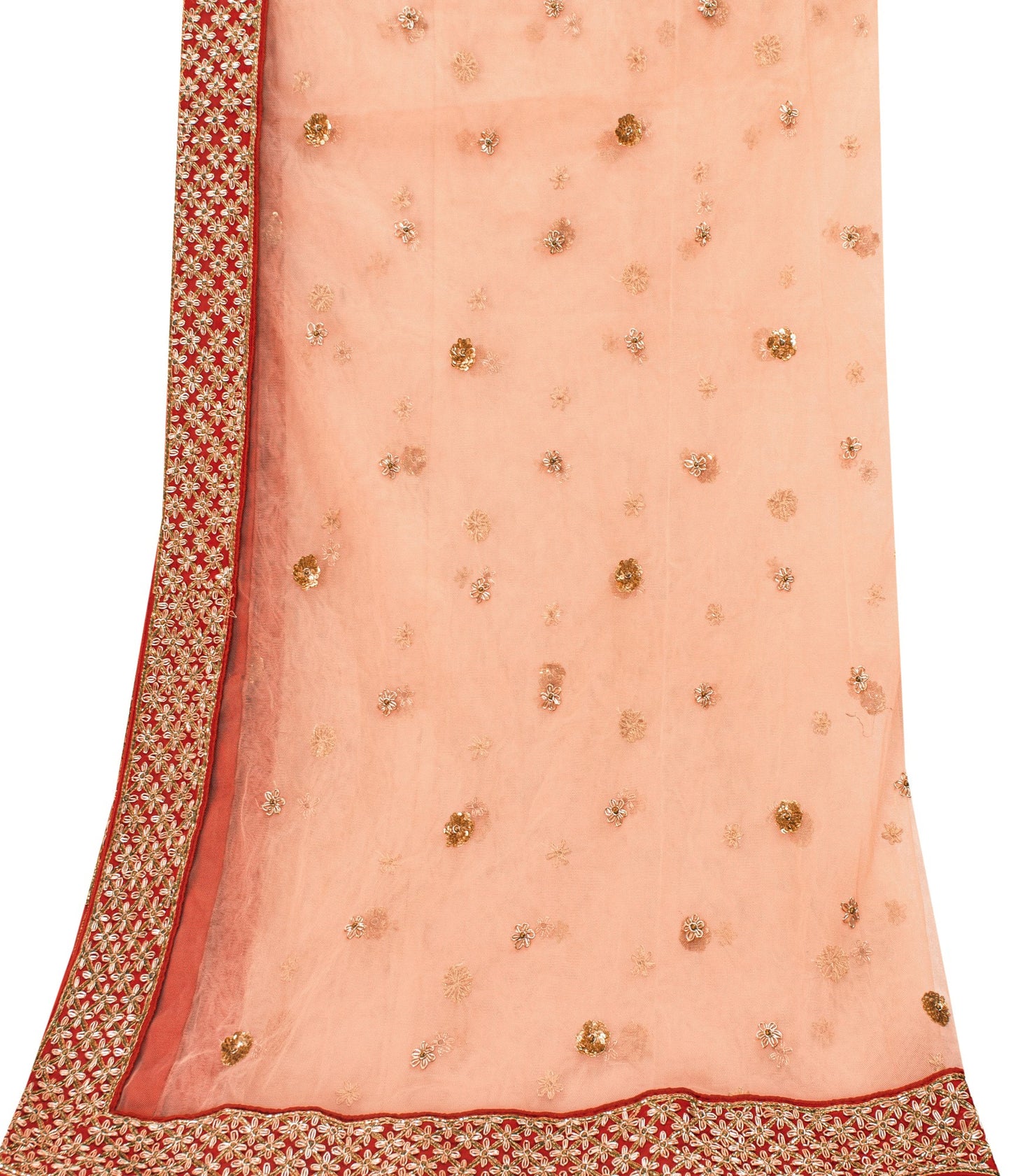 Sanskriti Vintage Peach Net Dupatta/Stole Hand Embroidered Zardozi Beaded Wedding Neck Scarf Crafting, Upcycling, Recycling, Dress Making