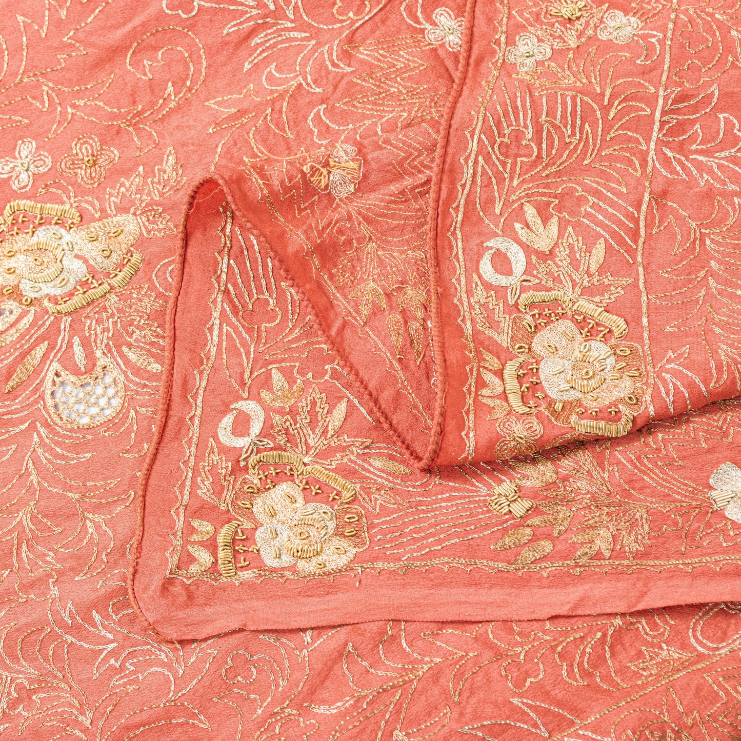 Sanskriti Vintage Peach Dupatta/Stole Pure Silk Hand Embroidered Zardozi Scarf