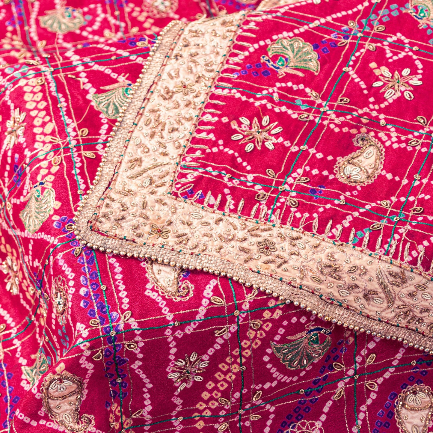 Sanskriti Vintage Red Pure Silk Dupatta/Stole Peacock Bandhani Gharchola Hand Embroidered Zardozi Gujrat Of India Crafting, Upcycling,