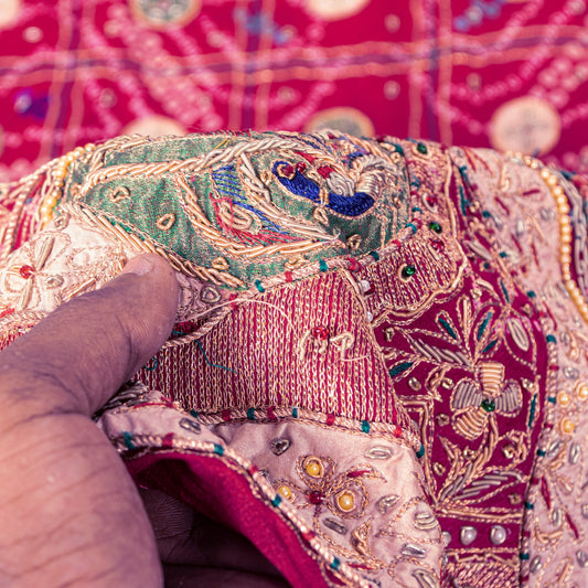 Sanskriti Vintage Red Dupatta/Stole Pure Silk Hand Embroidered Zardozi Bandhani
