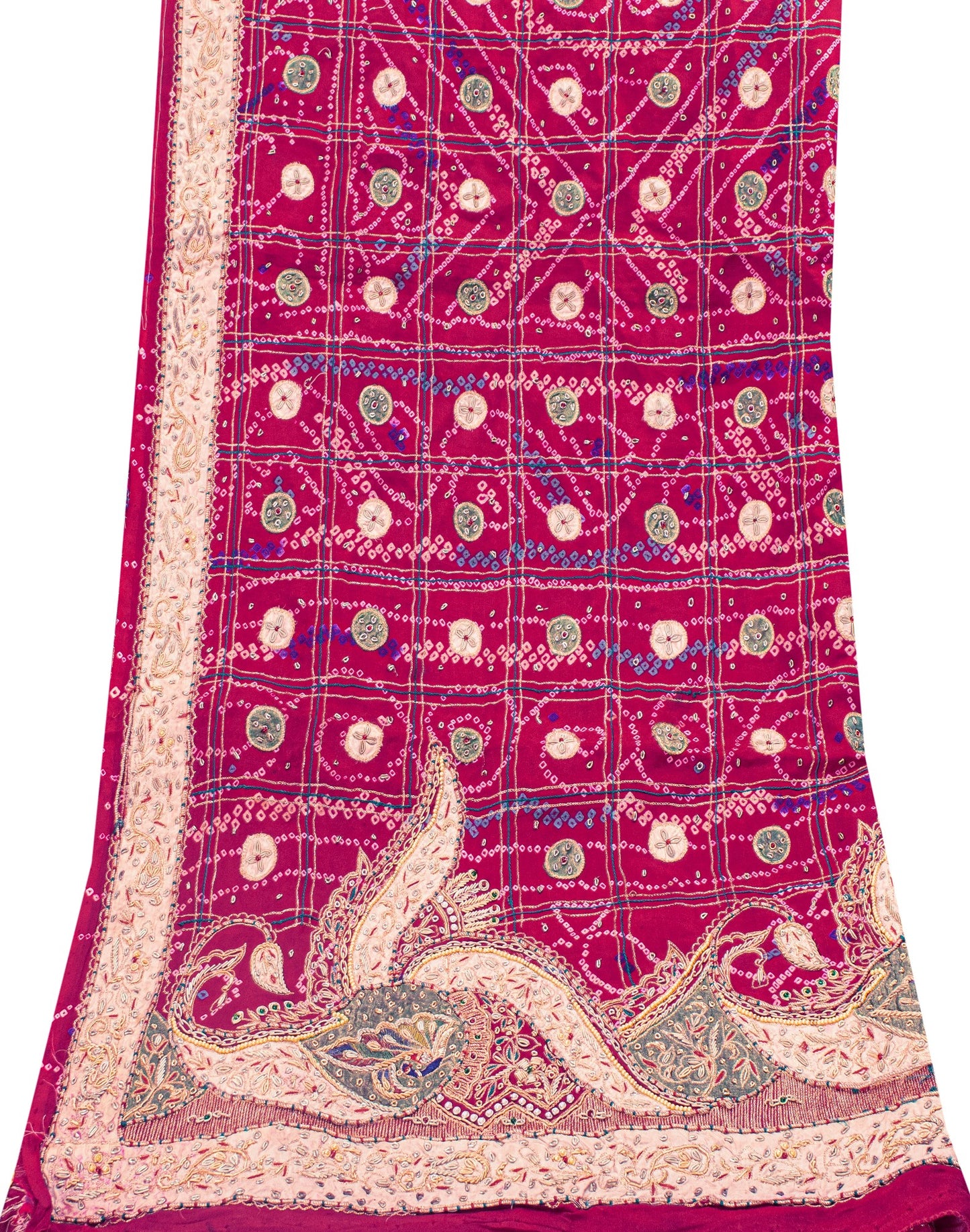Sanskriti Vintage Red Pure Silk Dupatta/Stole Peacock Bandhani Gharchola Hand Embroidered Zardozi Gujrat Of India Crafting, Upcycling,
