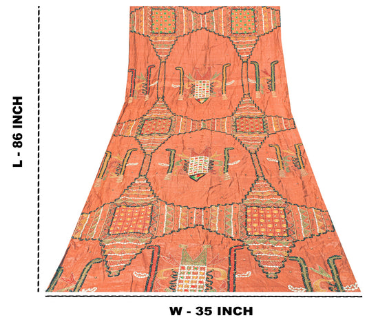 Sanskriti Vintage Brown Pure Silk Dupatta/Stole Kutch Work Gujrat Handcraft Veil