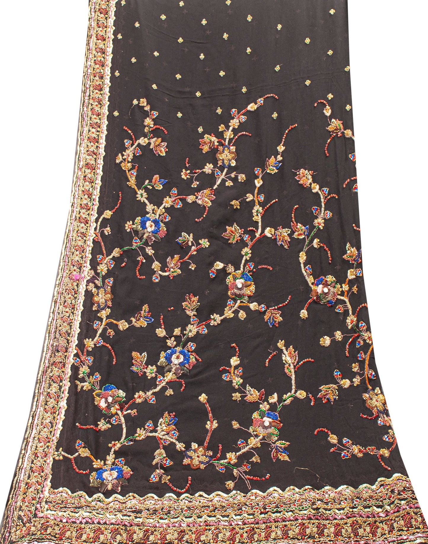 Sanskriti Vintage Black Pure Georgette Silk Stole Dupatta Hand Bead Zardozi Veil