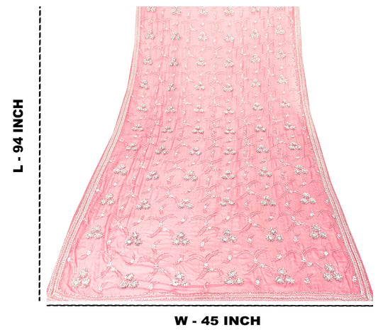 Sanskriti Vintage Pink Dupatta 100% Pure Georgette Silk Long Stole Hand Beaded Zari Sequins Head Neck Scarf Dress Decor Fabric Or Wearing