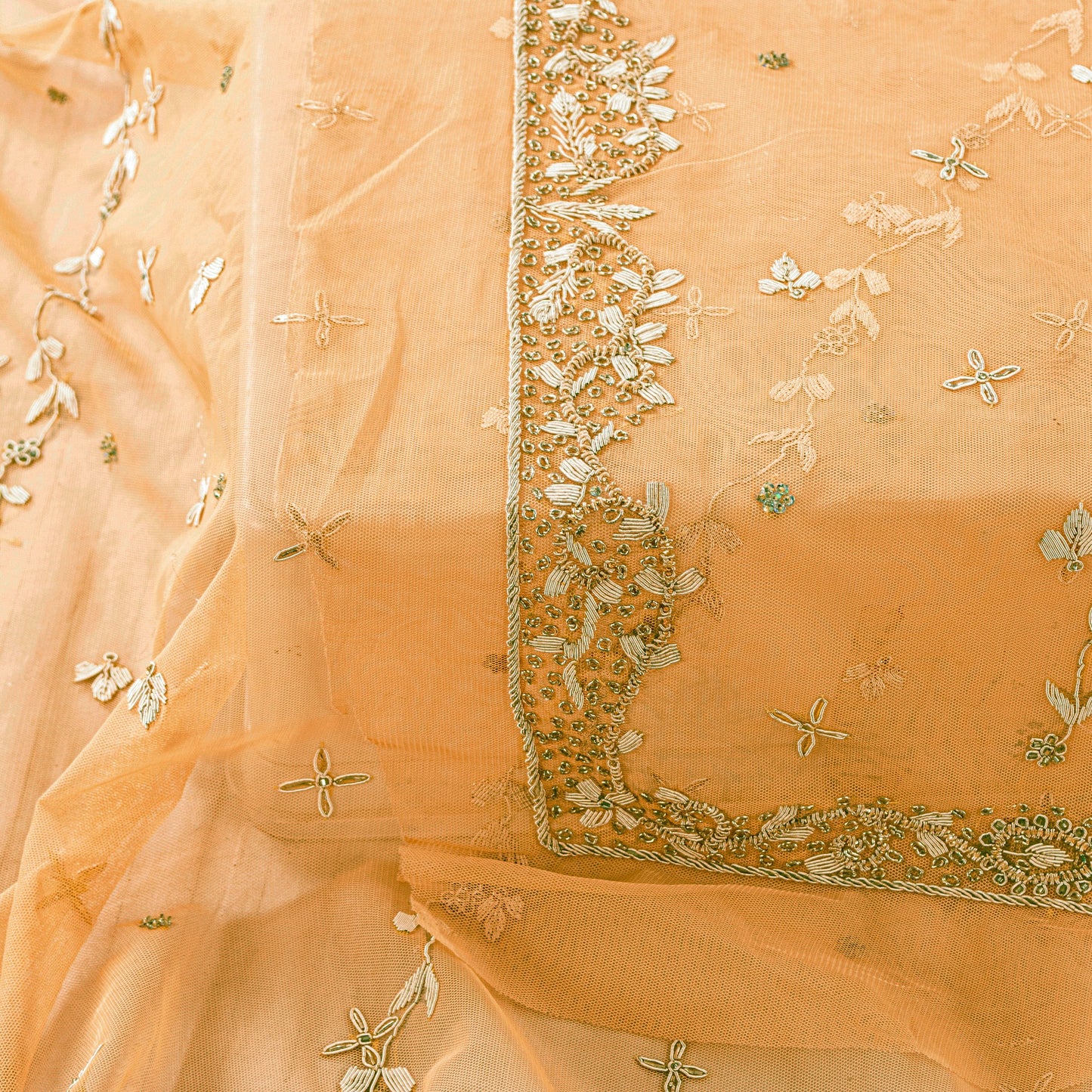 Sanskriti Vintage Peach Net Dupatta Long Stole Hand Embroidered Zardozi Scarves Crafting, Upcycling, Recycling, Home Decor, Sewing,