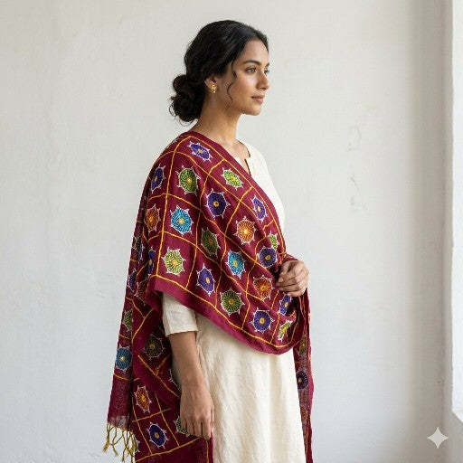 Sanskriti Vintage Maroon Pure Cotton Dupatta/Stole Kutch Hand Embroidery Mirror